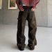 Men's Distressed Patchwork Denim Jeans - Vintage Brown High Street Style, Loose Fit Workwear Pants For Casual Streetwear_mkmklike.com