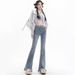 Light Blue Fringed Micro-flare Jeans For Women, Spring Season, With Raw Edge Design, Stretchy, Slimming, Niche Style,_mkmklike.com