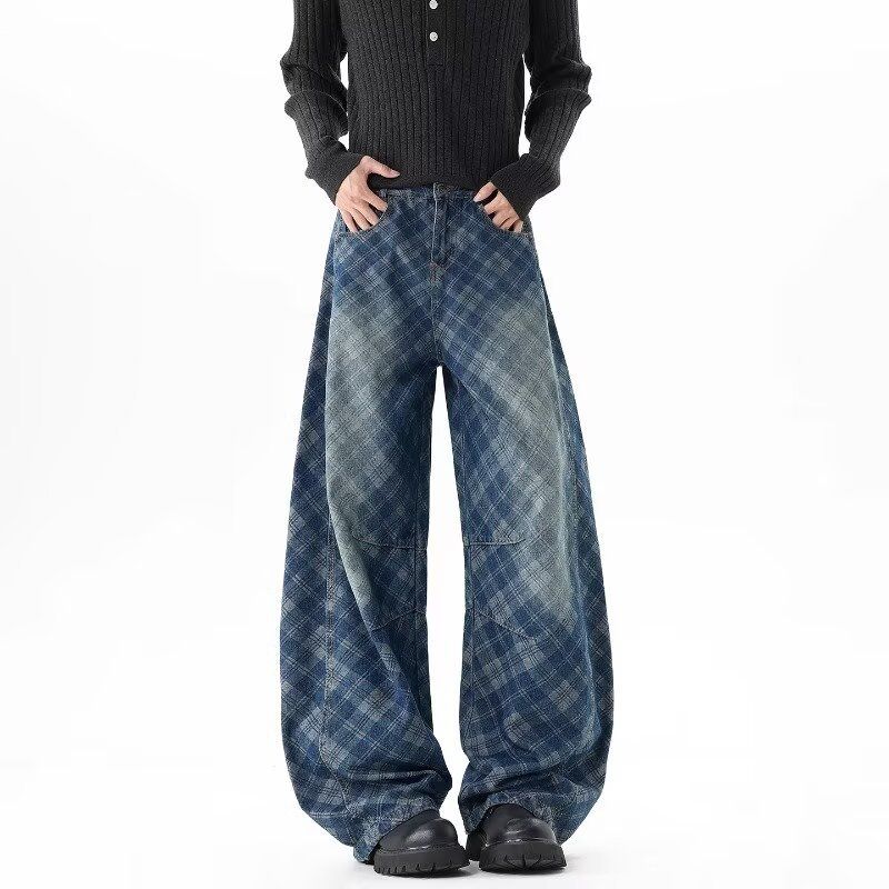 Retro Checkered Washed Jeans – 90s Grunge Baggy Fit With Button Fly (S-3XL)_mkmklike.com