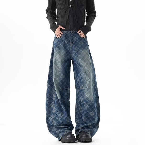Retro Checkered Washed Jeans – 90s Grunge Baggy Fit With Button Fly (S-3XL)_mkmklike.com