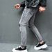 Perforated Solid Color Small Foot Elastic Men's Slim Fit Denim Selfie_mkmklike.com