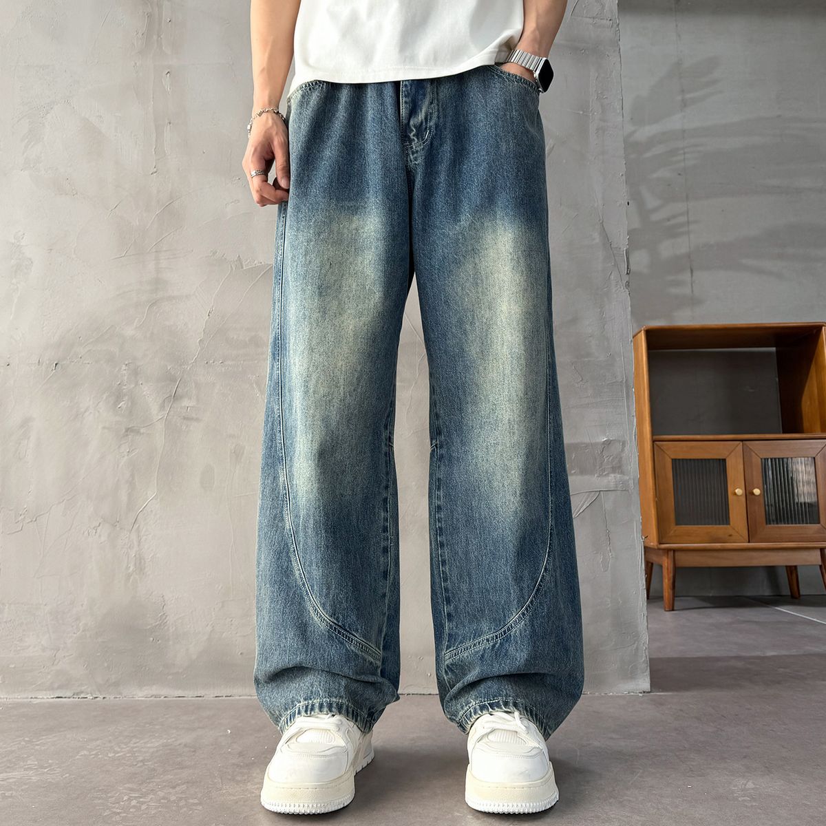 Men's Clothing Trendy Wide Leg Jeans For Men Curved Blade Design Retro Style Washed Finish Plus Size Suitable For All Seasons_mkmklike.com