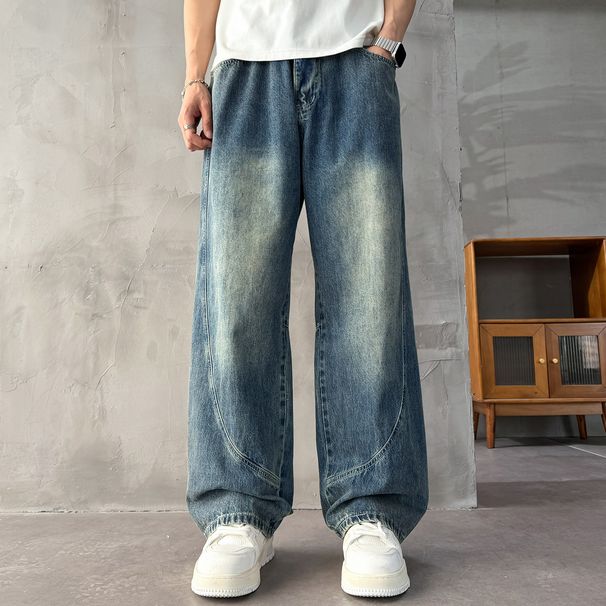 Men's Clothing Trendy Wide Leg Jeans For Men Curved Blade Design Retro Style Washed Finish Plus Size Suitable For All Seasons_mkmklike.com