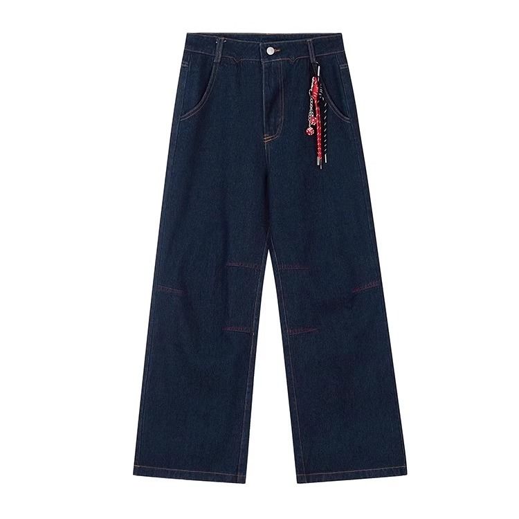 Retro Denim Raw Color Drawstring Design Jeans For Men And Women Clean Fit Loose Casual Straight Leg Jeans For Couples_mkmklike.com