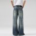 Vintage Blue Washed Gradient A-Line Denim Jeans For Men And Women, Baggy Loose Fit Straight Leg Trousers_mkmklike.com
