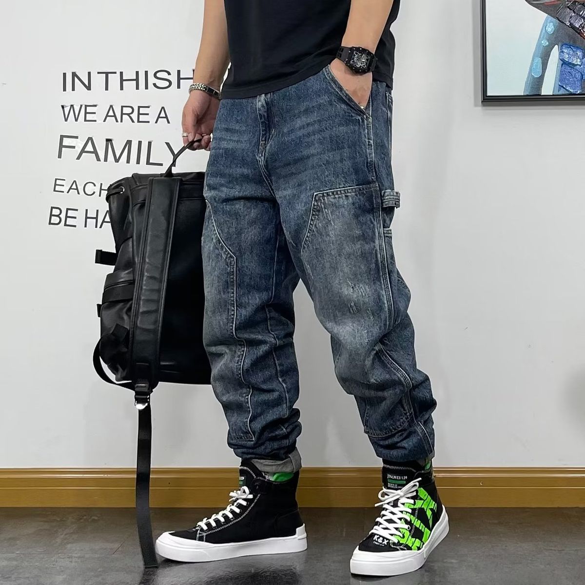 Jeans Men's Trendy Brand Tied Feet Harlan Pants Autumn Versatile Retro Heavy Wear-resistant Men's New Models_mkmklike.com