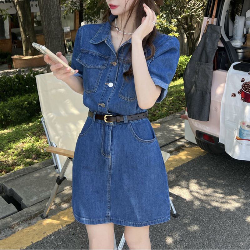Denim Dress Women's Summer Korean Version 2025 New Design Sense Cool And Cute Waist Shrinking Thin Short Sleeve Skirt XX_mkmklike.com