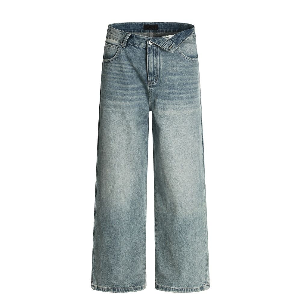 Distressed Washed Denim Wide-Leg Men's Versatile Loose Dad American Style Frayed Straight-Leg Pants_mkmklike.com