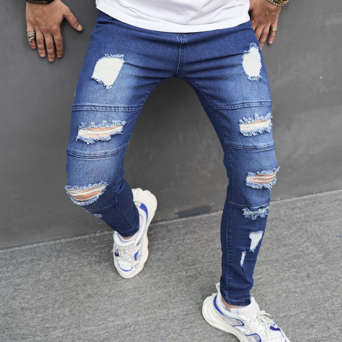 Cowboy High Street Fashion Brand Shaping With Broken Holes And Elastic Feet Jeans For Men's Slim Fit_mkmklike.com