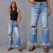 Women's Clothing Distressed Fringe Hem High-Waisted Straight Leg Jeans – Edgy Streetwear & Boho Chic_mkmklike.com