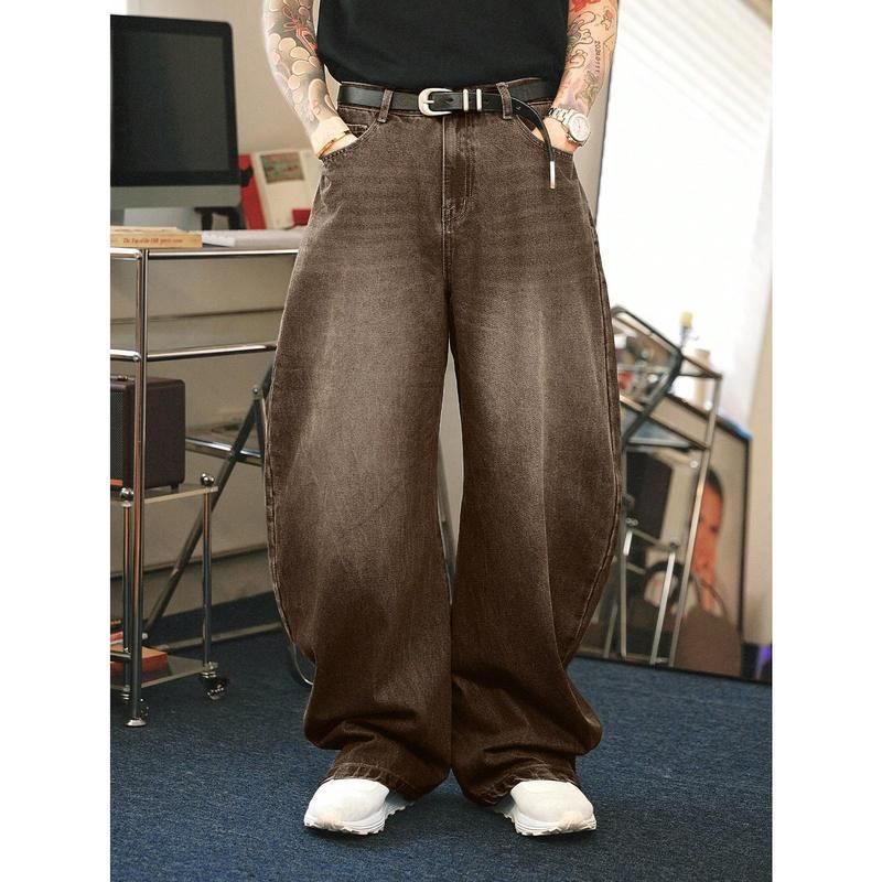 Retro Baggy Men's Jeans With Rhinestone Details, Oversized Loose Fit Denim Pants For Streetwear & Hip-Hop Style, Comfortable Cotton Blend Trousers_mkmklike.com