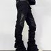 Men's Punk Rock Flared Jeans Asymmetric Leather-Patched Denim Stacked Knee Wrinkles Distressed Hem Street Goth Pants With Metal Zipper Accents_mkmklike.com