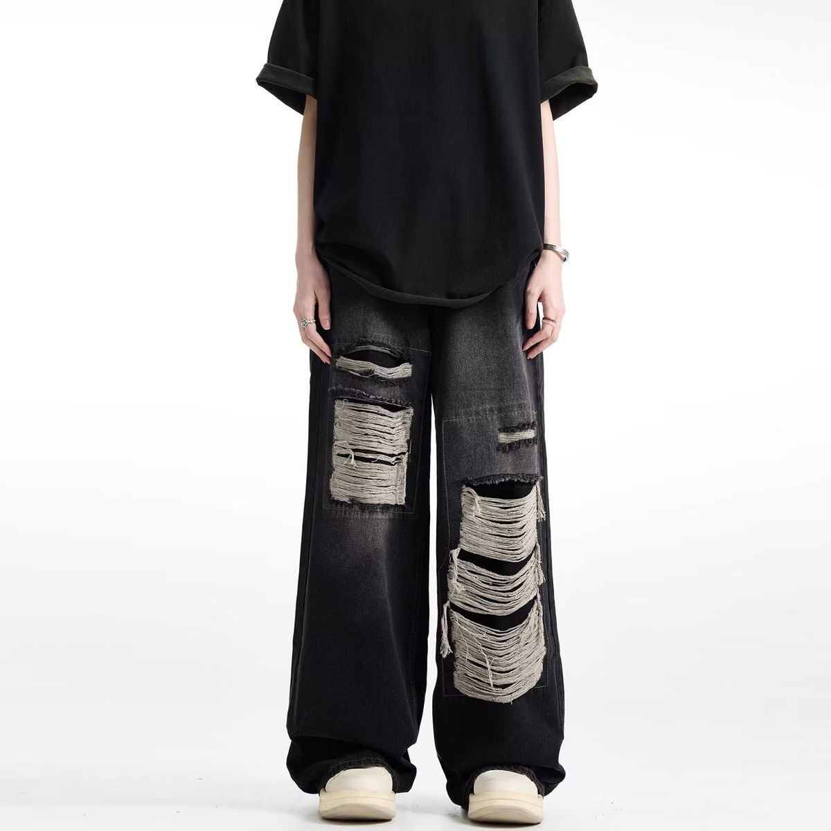 Men's Vintage Distressed Jeans - 90s Retro Washed Denim With Ripped Details, Oversized Straight Leg & High Street Drop Cuff For Summer_mkmklike.com