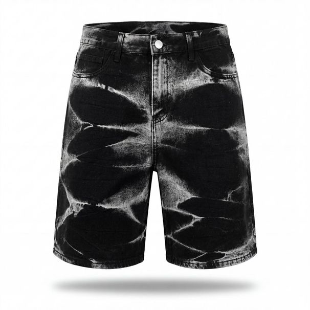Men's Clothing Summer New Men's Exclusive Denim Shorts Black And Gray Gradient Acid Wash Trendy Five Point Tie Bleached Pants_mkmklike.com