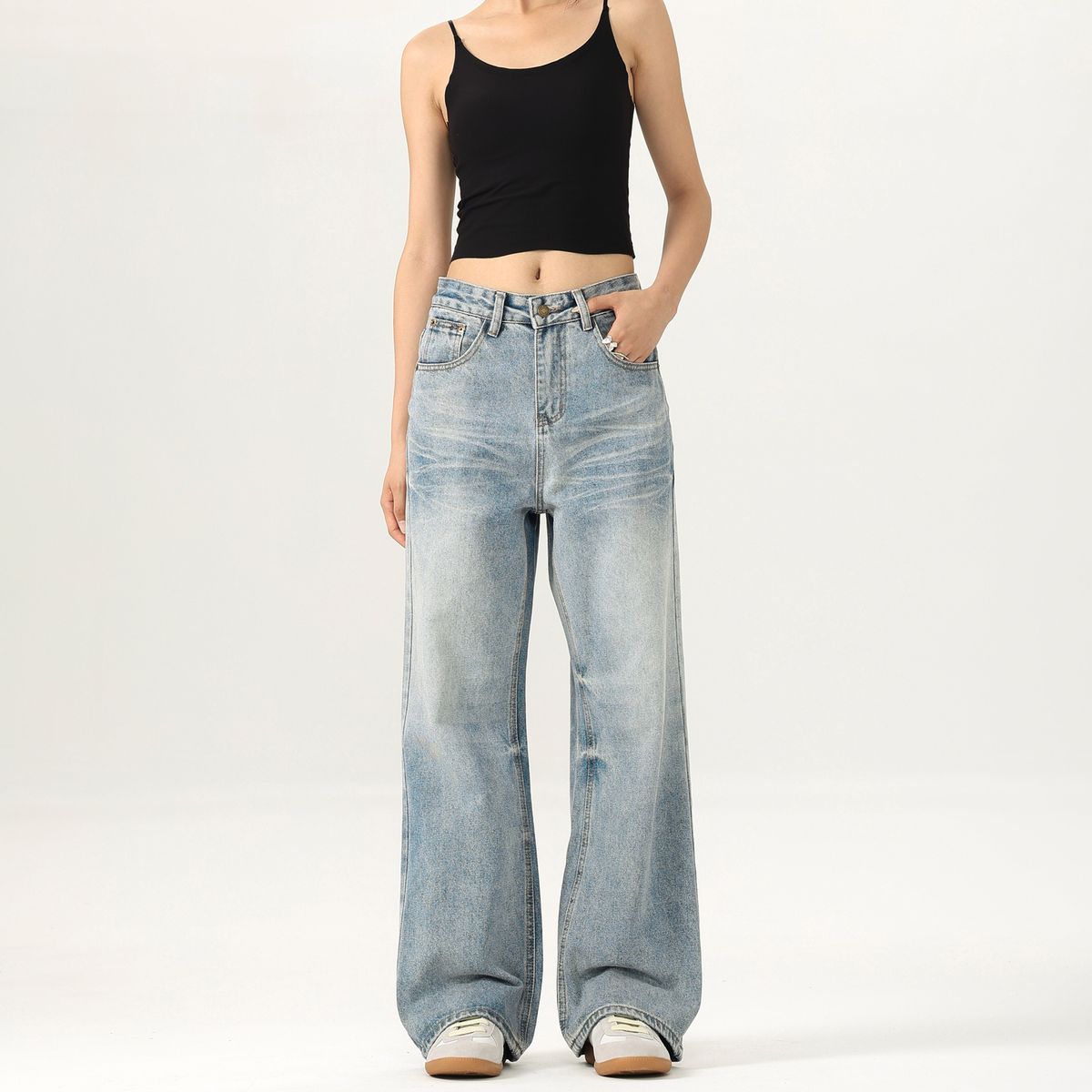 LKTM Washed Light Color Jeans Loose Fit Flared Pants Midweight Polyester Versatile Men's And Women's Wear American High Street Style_mkmklike.com