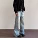 Unisex American Retro Washed Whiskered Jeans Loose Straight Leg Lightning Crackle Pattern Versatile Men's Denim_mkmklike.com