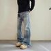 Men's Vintage Washed Blue Jeans – Retro Whisker & Bamboo Pattern, Loose Straight Fit For Casual Style_mkmklike.com