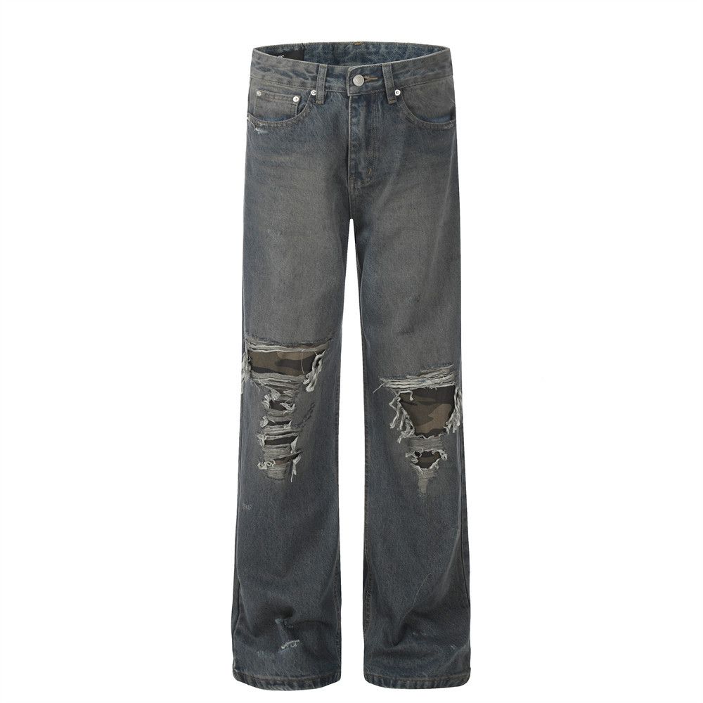 High Street American Style Ripped Patchwork Jeans For Men, Trendy Loose Washed Vintage Wide-Leg Pants, Versatile_mkmklike.com