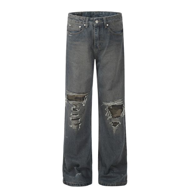 High Street American Style Ripped Patchwork Jeans For Men, Trendy Loose Washed Vintage Wide-Leg Pants, Versatile_mkmklike.com