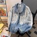 Unisex Denim Jacket With Gradient Floral Embroidery - Loose Fit Workwear Style For Men & Women Fashion Trends_mkmklike.com