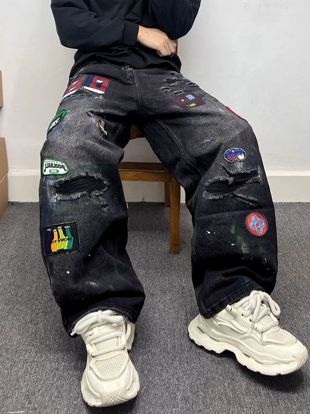 Men's Cool Stylish Splatter Paint Graffiti Black Faux Ripped Jeans Trendy Micro Pattern Design Wide Leg Trousers_mkmklike.com