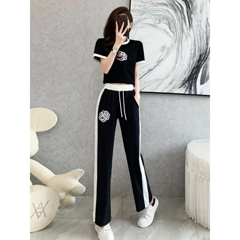 Women's casual knitted suit for women in summer, thin style, fashionable and fashionable, age-reducing wide-leg pants, fashionable two-piece set_mkmklike.com