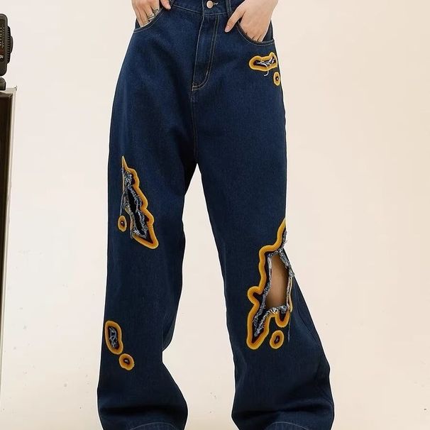 American Style New Flame Design Ripped Jeans Women's Brand Loose BF Street Floor Mopping Wide Leg Pants Trendy_mkmklike.com