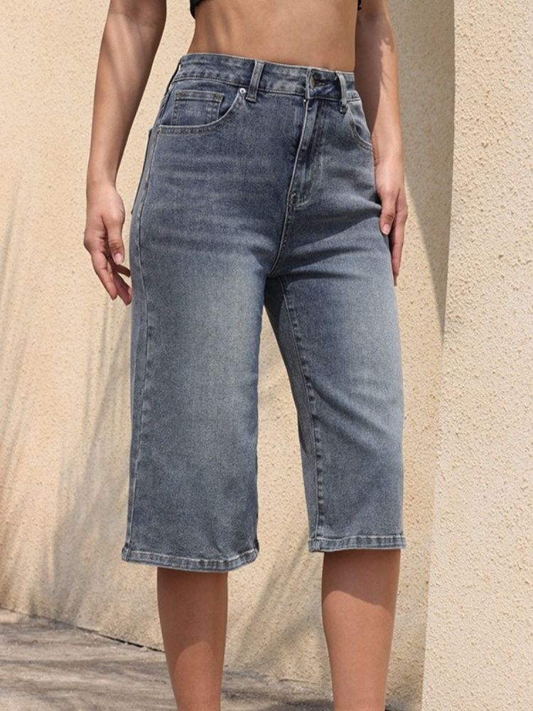 K New Women's Cowboy Mid Pants Breathable Quarter Pants Elastic High Waist Elastic Mid Pants_mkmklike.com
