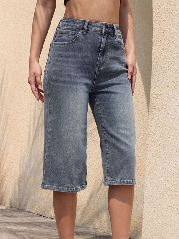 K New Women's Cowboy Mid Pants Breathable Quarter Pants Elastic High Waist Elastic Mid Pants_mkmklike.com