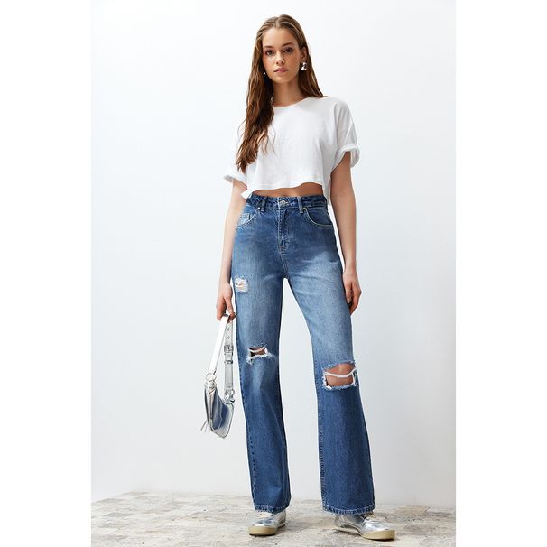 Distressed Washed Straight Leg Jeans For Women – High Waist Loose Fit Ripped Denim Pants (Medium Blue, Light Blue, Black)_mkmklike.com