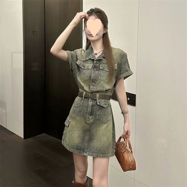 2025 Denim Dress Temperament Summer New Casual Sleeved Waist Slimming Short Skirt_mkmklike.com