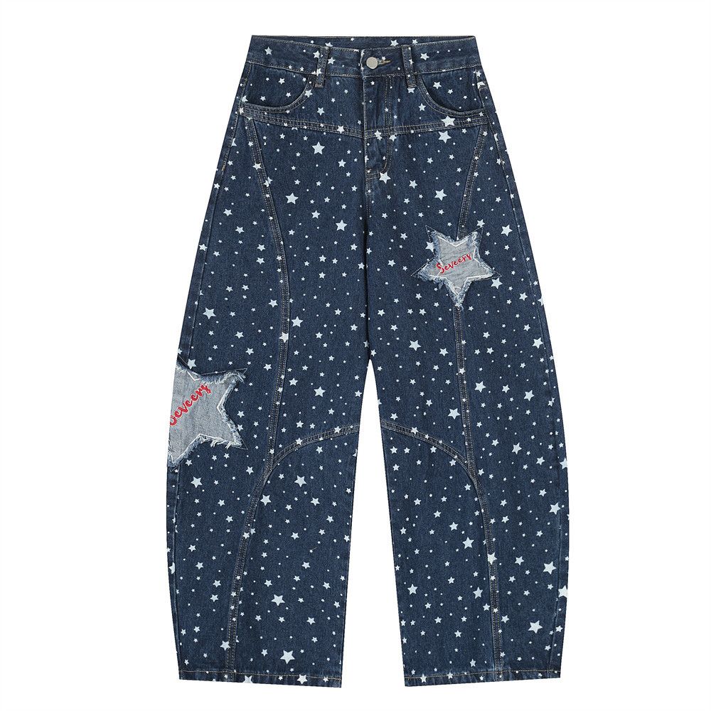 Starry Sky Digital Print Denim Scimitar Pants Men's High Street Trendy Design Sense Unique Niche Oversized Trousers_mkmklike.com