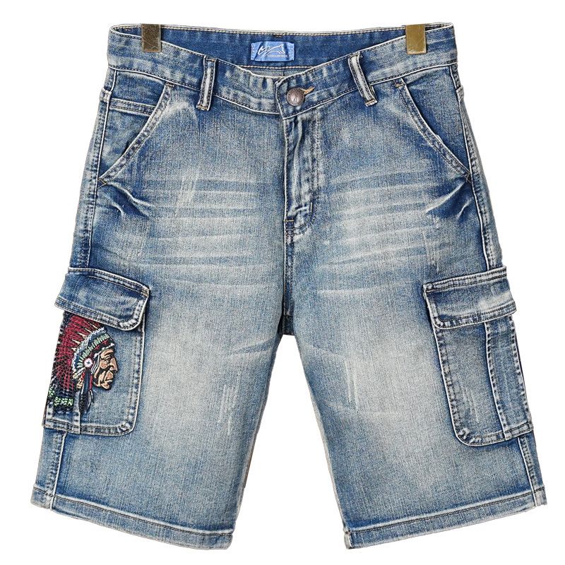 Men's Trendy Brand Multi Pocket Cargo Denim Shorts Embroidered Loose Straight Leg 5 Point Mid Length Plus Size_mkmklike.com
