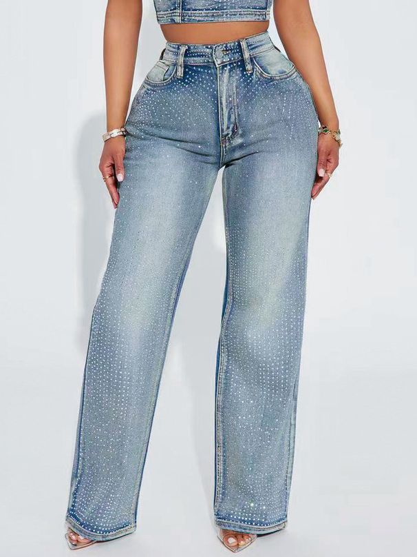 Women's Straight-Leg Jeans With Rhinestone Embellishments – Classic Denim Pants (Comfort Fit, Stretch Fabric, Everyday Chic Style)_mkmklike.com