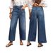 Women's Retro Wide Leg Casual Jeans mid Rise Stretch Distressed Hem Slanted Pockets Cropped Length European American Style_mkmklike.com