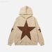 Street oversized loose fitting women's pentagonal star patch embroidered printed hoodie personality zipper sweater men's_mkmklike.com