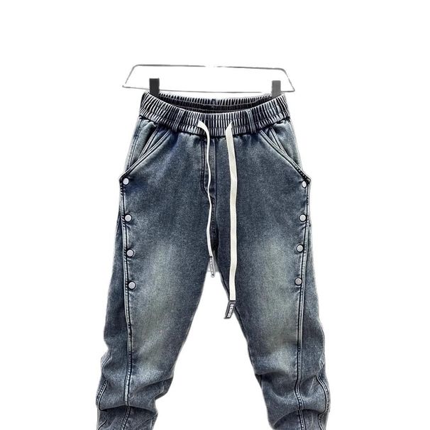 Men's Light Blue Distressed Jeans – Loose Fit Cargo Pants With Adjustable Drawstring & Cuffed Hem, Streetwear Harem Style (S-Xxxl)_mkmklike.com