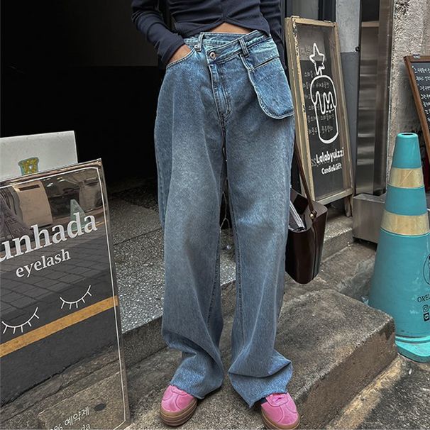 Women's Clothing Early Spring New Fashion Design Oblique Buckle High Waist Large Pocket Loose Straight Jeans_mkmklike.com