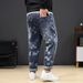 Large Size Men's Checkerboard Elastic Jeans Men's Trendy Brand Multi-functional Drawstring Jeans Men's Small Straight Pants_mkmklike.com