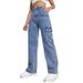 Women's Cargo Denim Pants – High Waist Wide Leg, Multi-Pocket Workwear Jeans, Stretch Cotton, Streetwear Fashion (Blue/Black/Khaki)_mkmklike.com