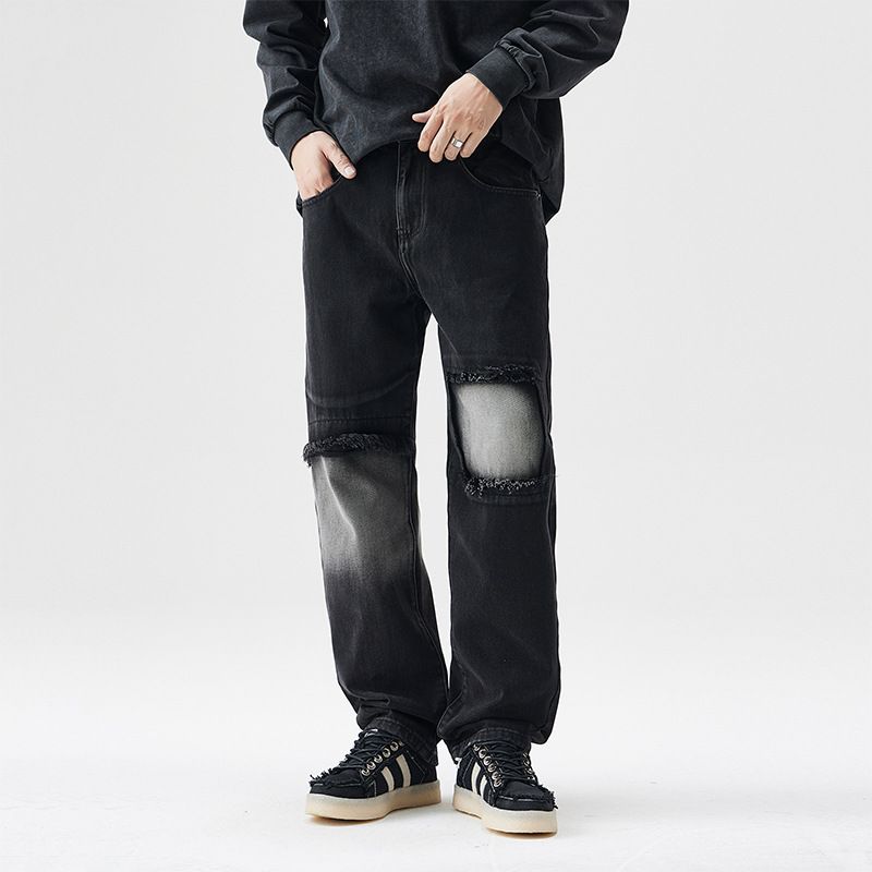 Men's Clothing Gradient Black Denim Trendy Men's New Patchwork Jeans Hip Hop Ins Trend High Street Trendy Straight Trousers_mkmklike.com