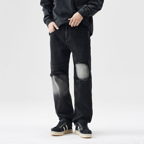 Men's Clothing Gradient Black Denim Trendy Men's New Patchwork Jeans Hip Hop Ins Trend High Street Trendy Straight Trousers_mkmklike.com