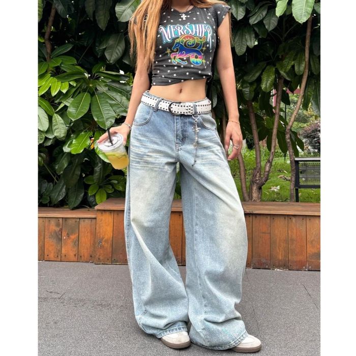 Women's Light Blue High-Waisted Wide-Leg Jeans – Vintage Washed Stretch Denim Pants With Embroidery Detail (S-3xl)_mkmklike.com