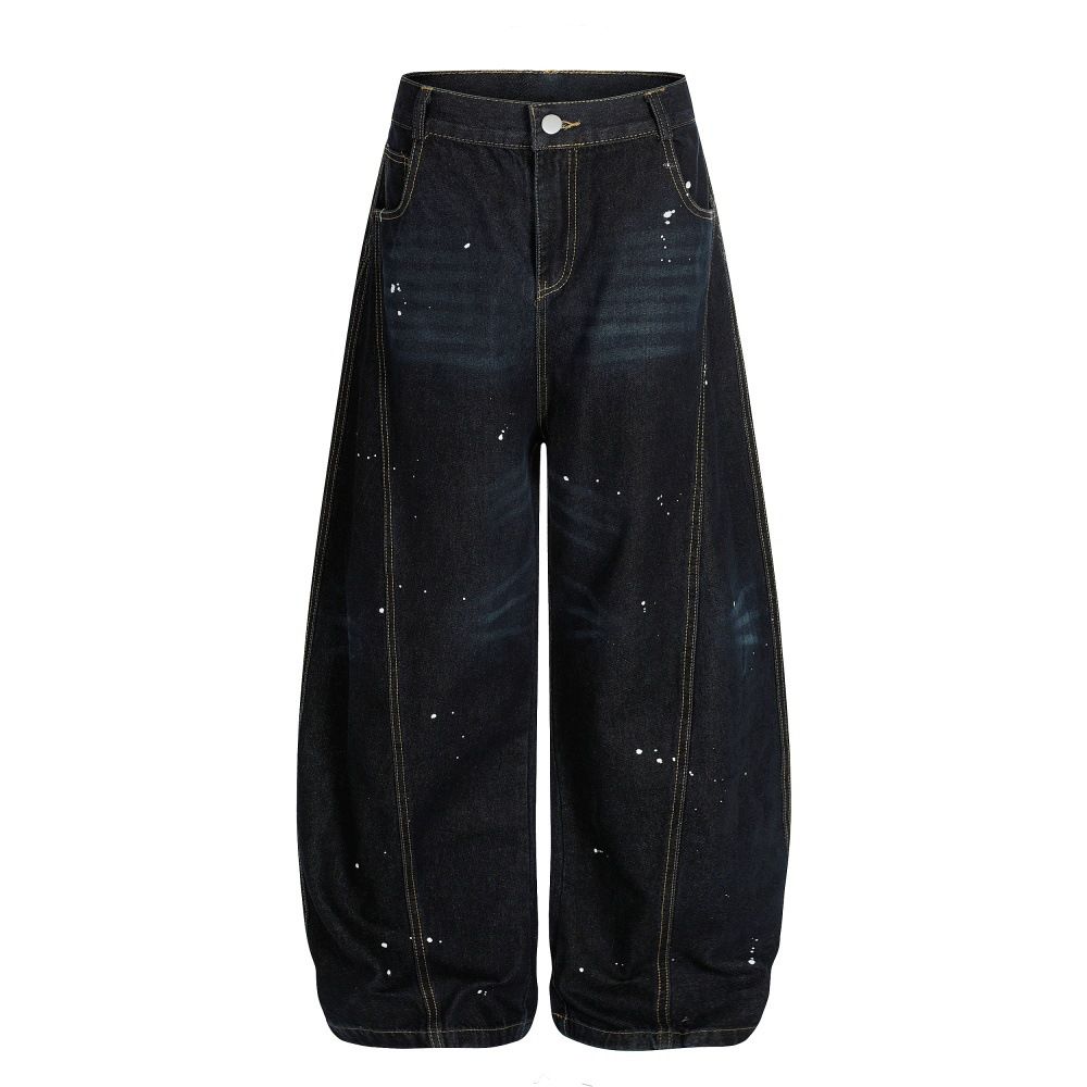 Paint Spray Ink Scimitar Wide-Leg Jeans Men's American High Street Three-Dimensional Deconstructed Design Splash_mkmklike.com