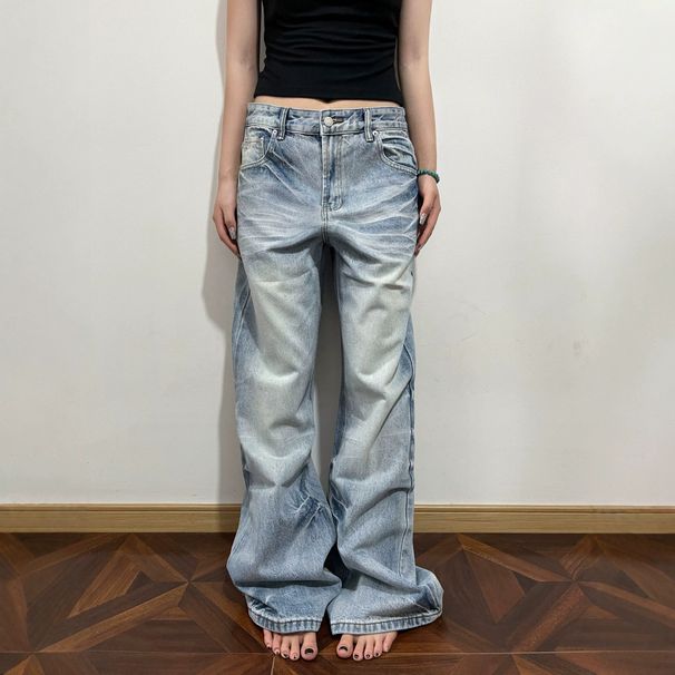 Unisex Vintage Washed Denim Pants - Straight Leg With Subtle Flare, Distressed Cat Whisker & Lightning Details For Men Women_mkmklike.com