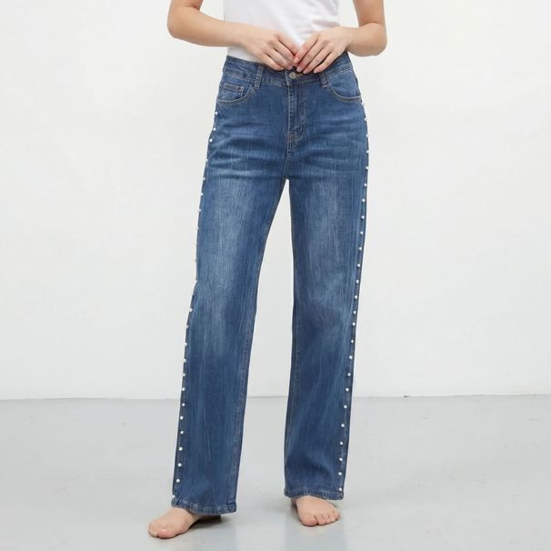 High Waisted Straight Leg Jeans for Women Loose Fitting Wide Leg Pants Slimming Trousers with Side Pearl Accents Cross Border Exclusive_mkmklike.com