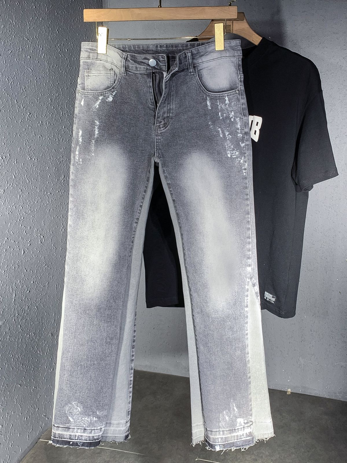 Ink Splatter Ripped Flared Jeans High Street Distressed Washed Straight Leg Trousers mid Waist Long Non-Stretch Blue_mkmklike.com