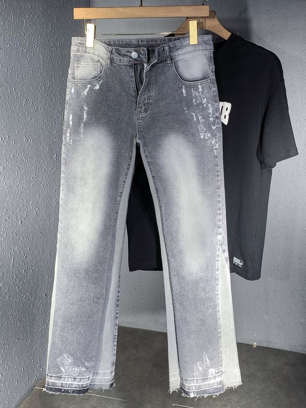 Ink Splatter Ripped Flared Jeans High Street Distressed Washed Straight Leg Trousers mid Waist Long Non-Stretch Blue_mkmklike.com