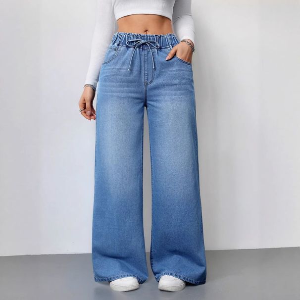 High-Waisted Wide-Leg Jeans For Women - Stretch-Free Cotton Denim Pants With Adjustable Drawstring (S-XXL)_mkmklike.com
