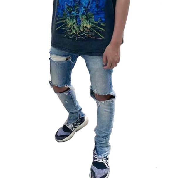 FOG Style Zippered Cuffs, Button Placket, Men's Oversized And Distressed Small Leg Jeans_mkmklike.com